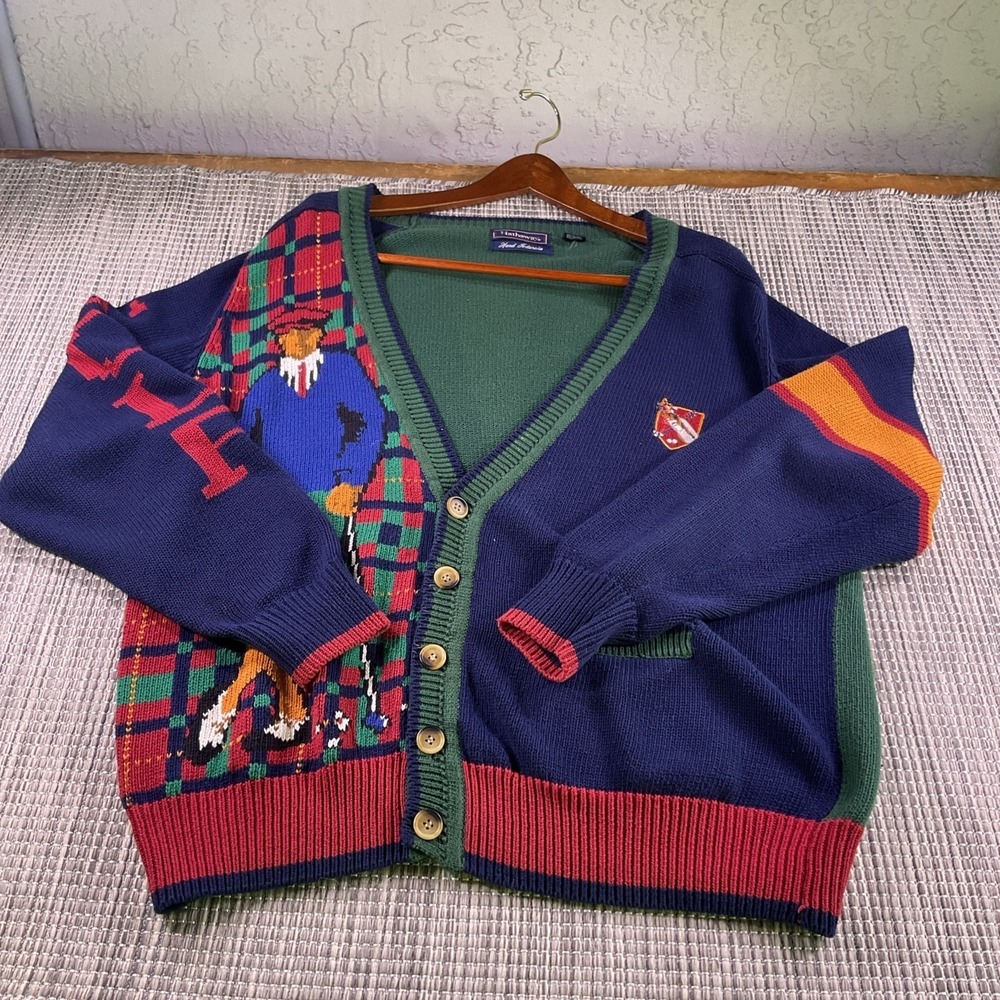 Vintage Hathaway Golf Hand Intarsia Cardigan Sweater Mens XL Cotton Plaid Navy